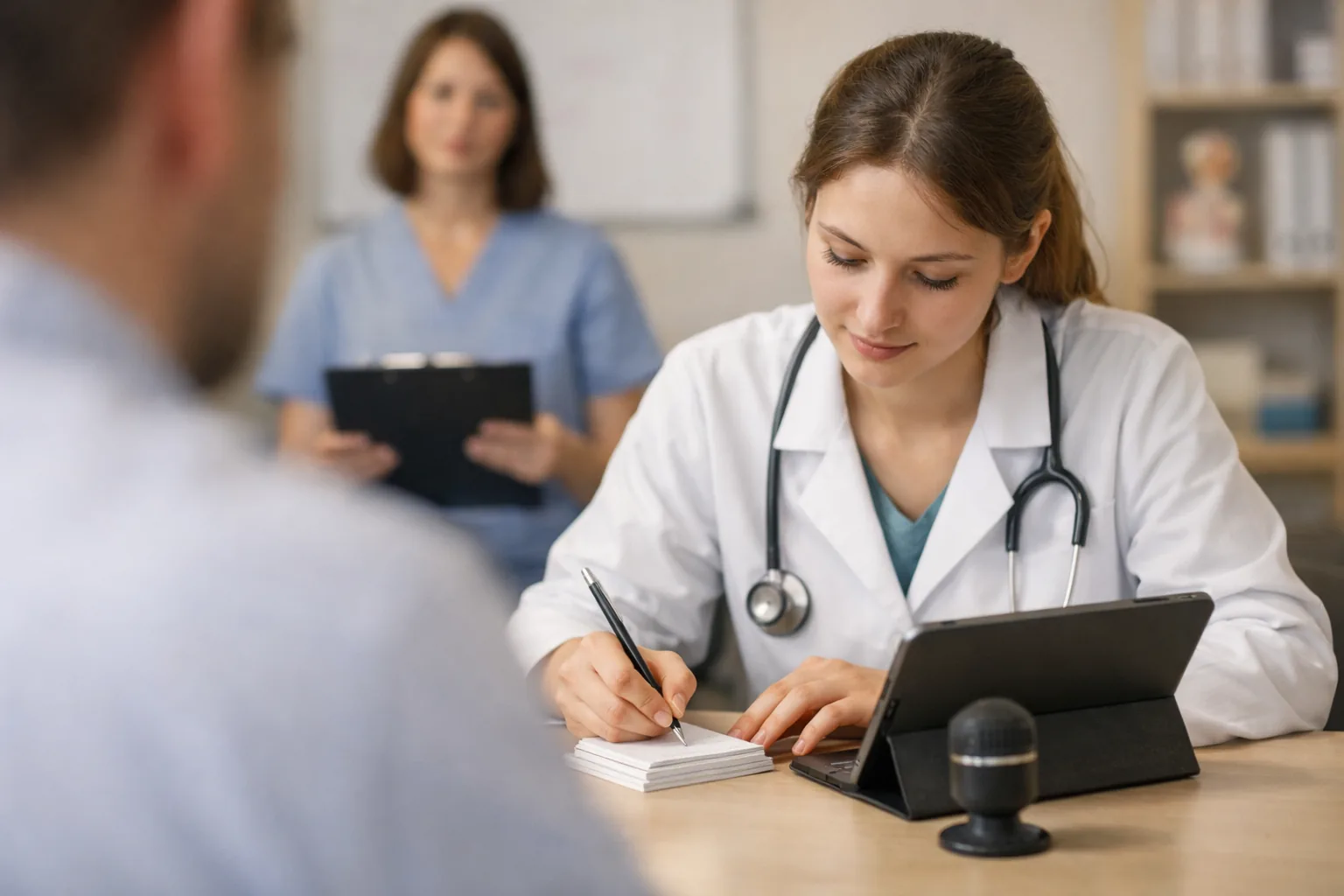 Ärztin beginnt eine Anamnese mit einem Patienten